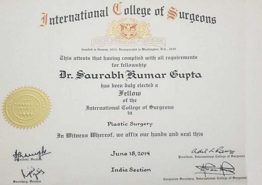 Awarded by International College of Surgeons, India Section in Plastic Surgery, June 2014 as fellow plastic & cosmetic surgeron