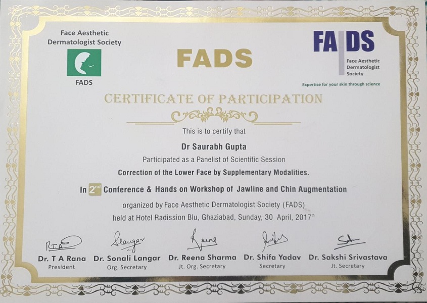 Certificate of participation in Face Aesthetic Dermatologist Society, Noida