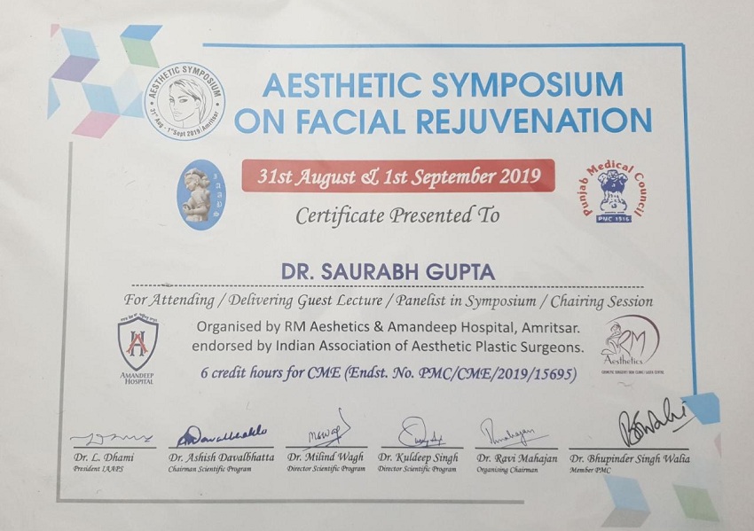Certificate of participation in Aesthetic Symposium on Facial Rejuvenation