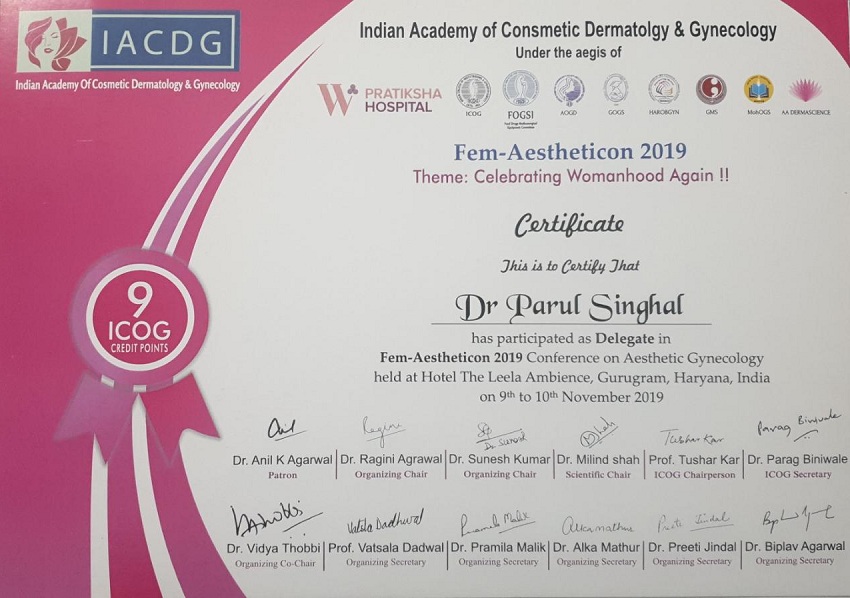 Certificates - IACDG - Aesthetic Gynecology - Dr. Parul Singhal , Noida, India.